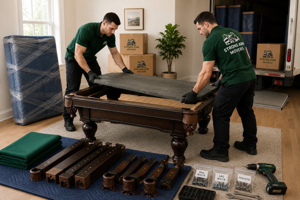Professional movers wrapping and preparing a pool table for relocation during a house move, demonstrating how to move a pool table safely and efficiently.