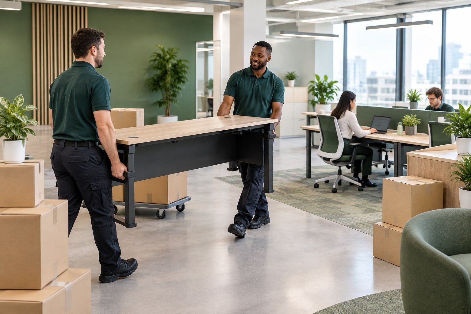 Office furniture and labelled boxes being moved into a new office