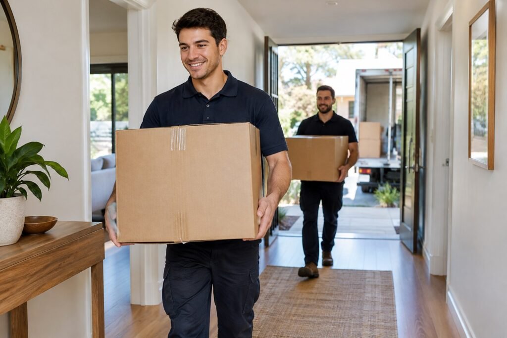 Two removalists in uniform carrying labelled boxes through a tidy, clear hallway on moving day